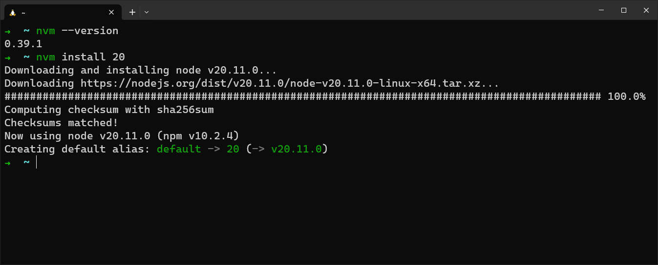 A successful install of node v20.11.0