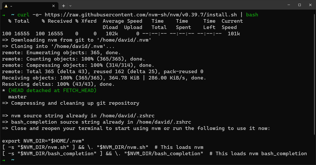 The completed installation of nvm.