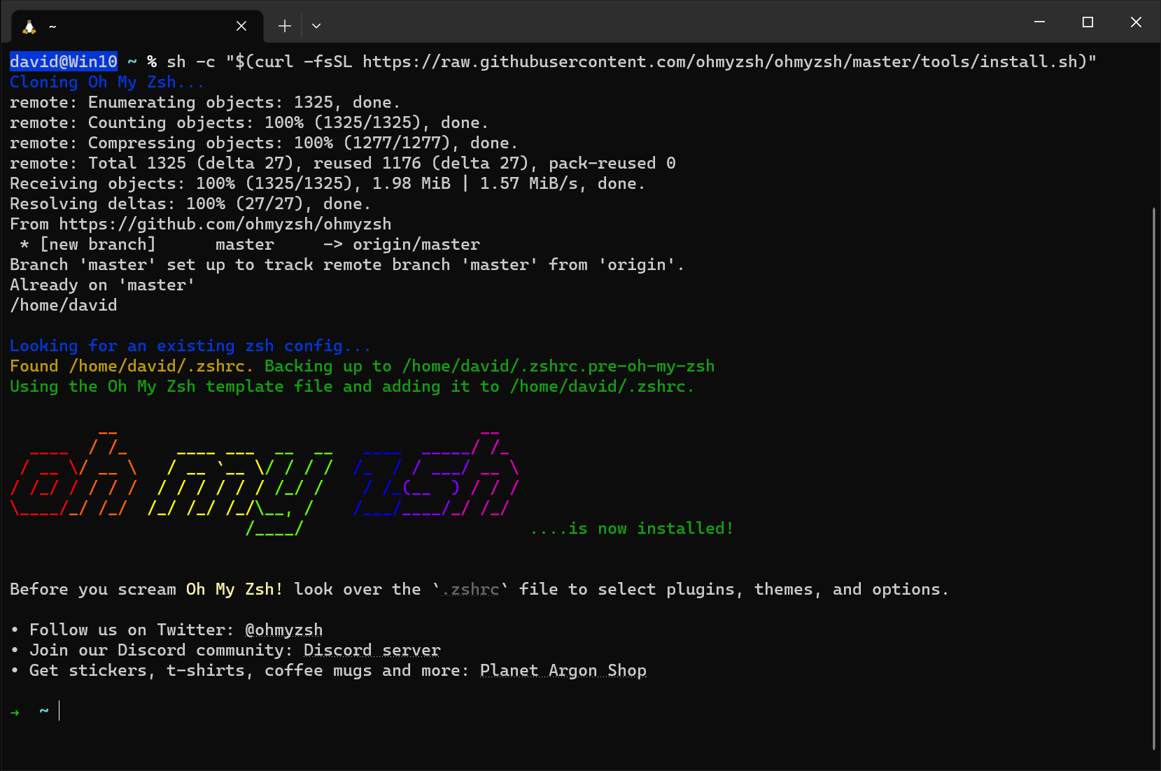 A successful installation of Oh My Zsh