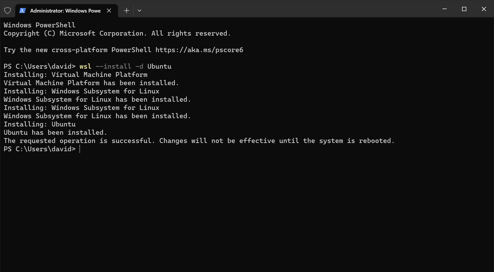 The expected output shown in PowerShell after running the above command.