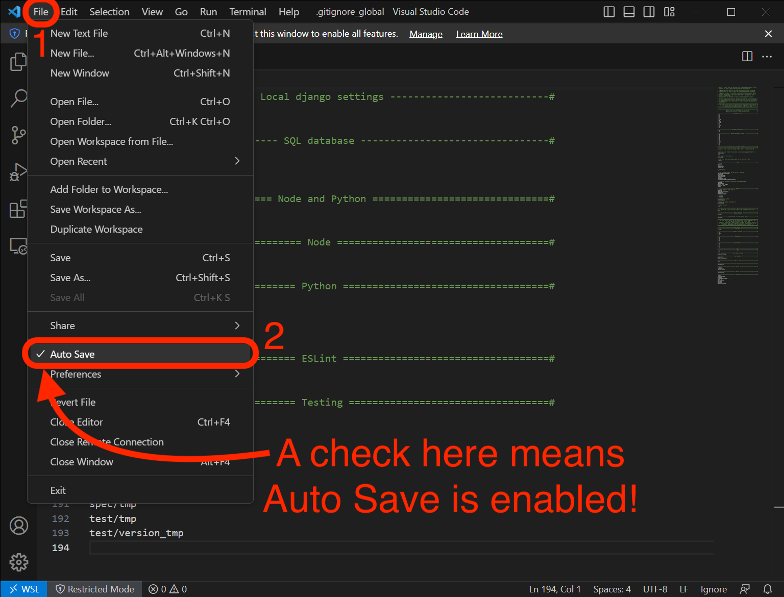Auto Save checked in the File menu, indicating that Auto Save is enabled.