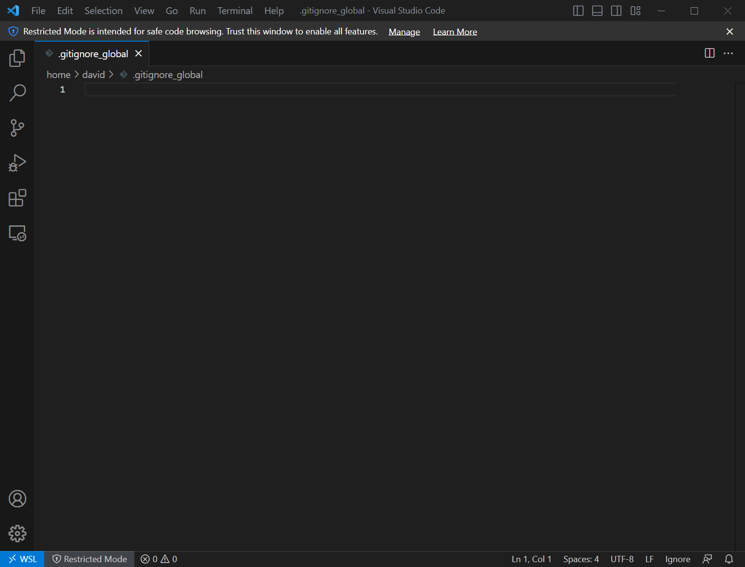 The new .gitignore_global file open in VS Code.