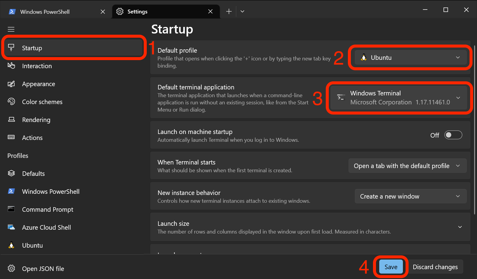 In the Settings tab in Windows Terminal, the Startup section has been selected and the Default profile has been changed to Ubuntu.