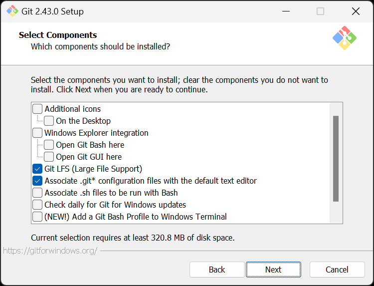 Note we have unchecked some features not required for our purposes that may only be confusing, get in the way, or waste hard drive space.