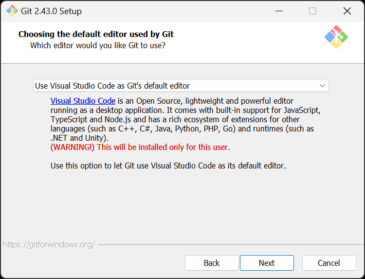 We are using VS Code as Git's default editor (just in case you ever use Git in Windows for any reason in the future, this will already be set up for you)