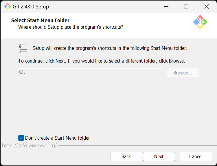 When prompted to Select a Start Menu Folder, we are opting to not create a Start Menu folder.