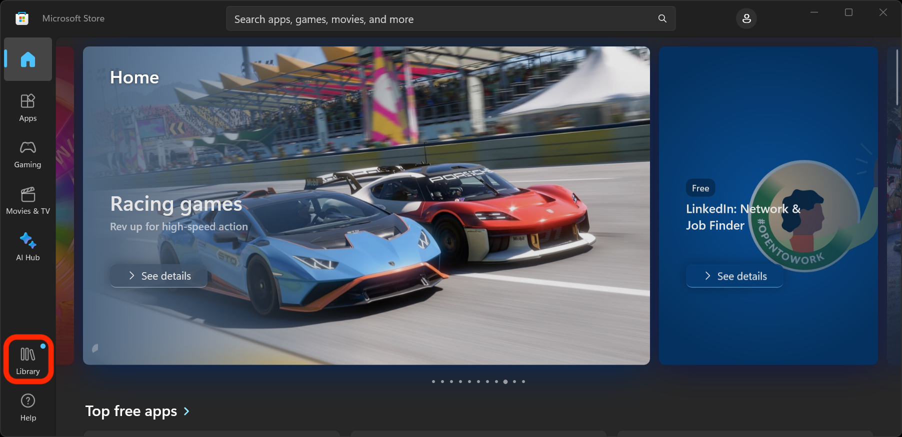 The Microsoft Store home page with the Library highlighted in red.