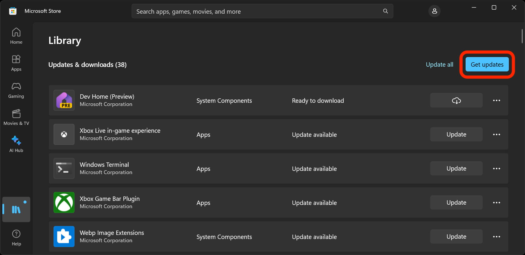 The Get Updates button on the Library page highlighted in red.