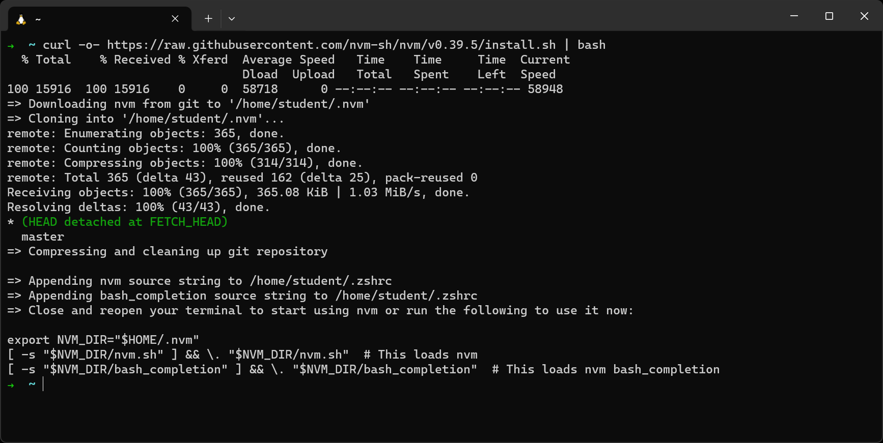 The completed installation of nvm.