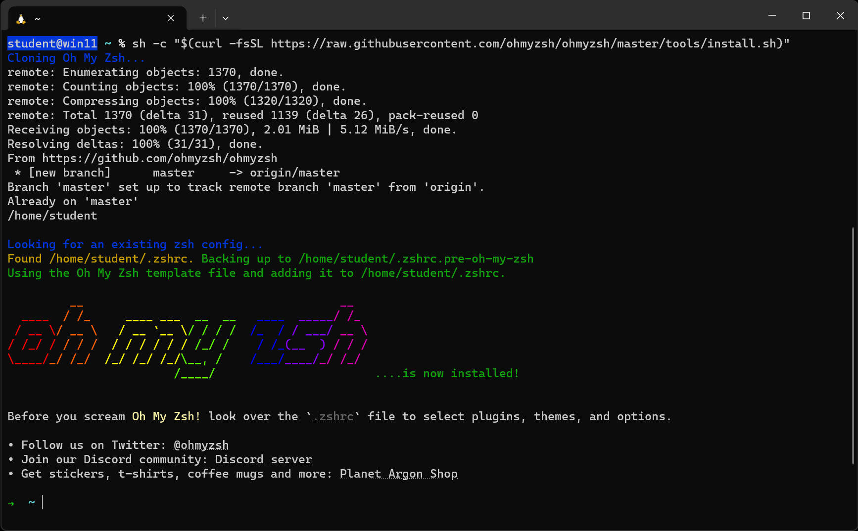 A successful installation of Oh My Zsh