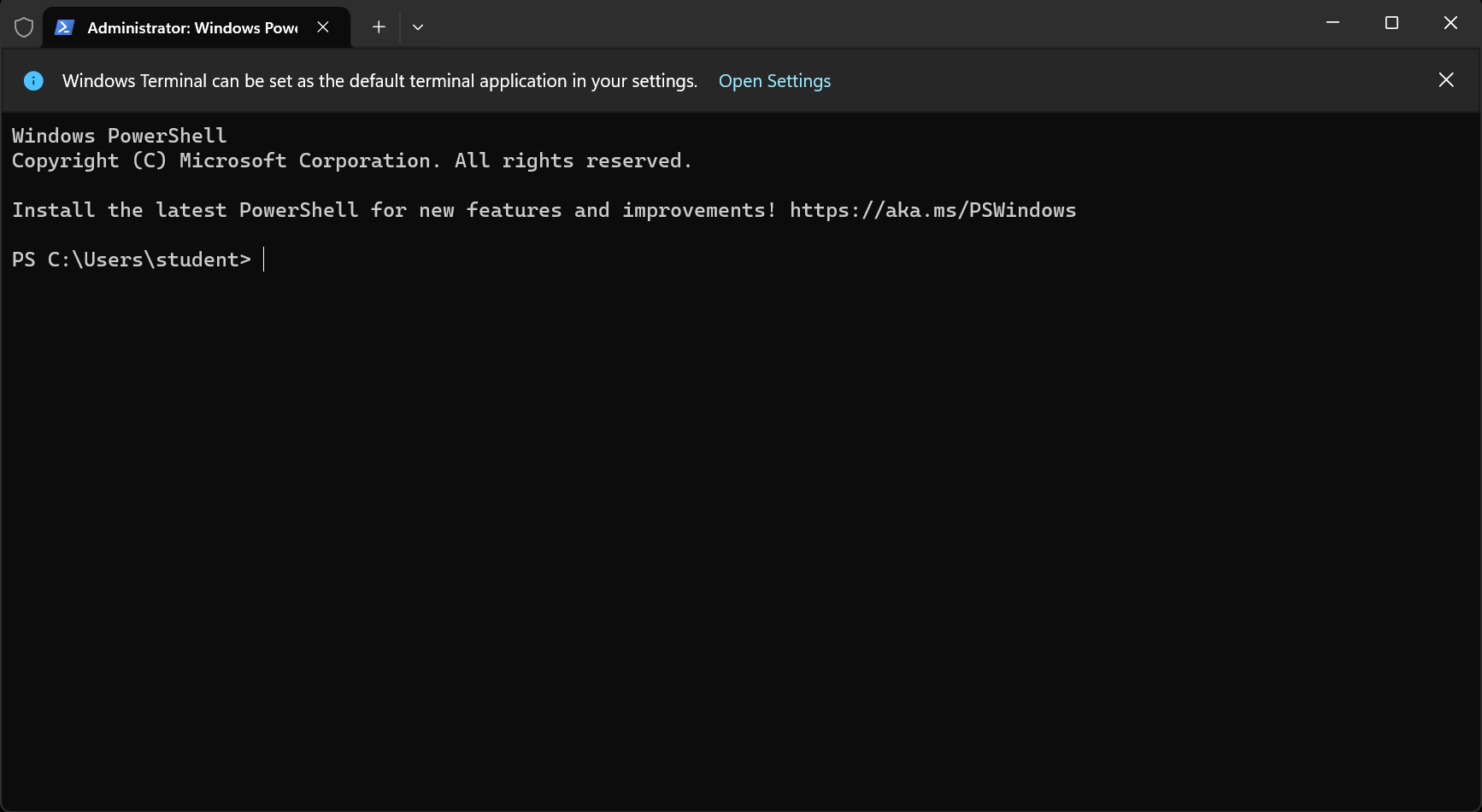 PowerShell running with administrative access in the Windows Terminal. Note the shield in the title bar indicating that PowerShell is running with elevated permissions!