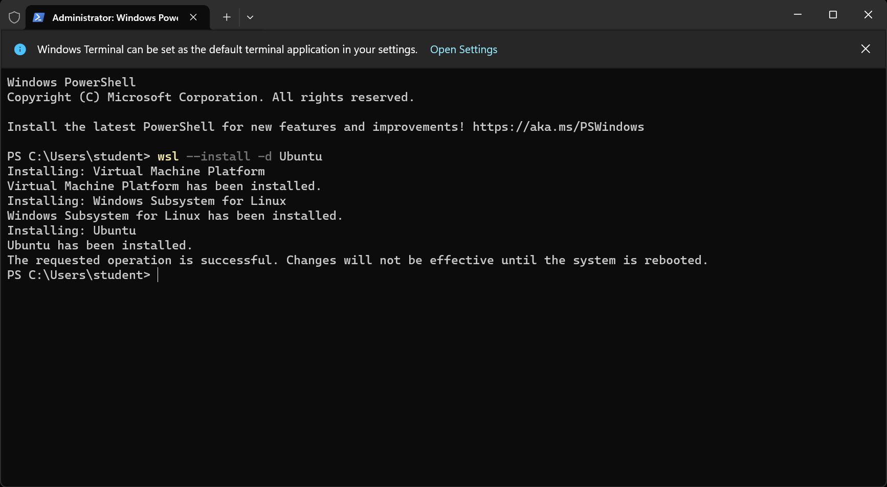 The expected output shown in PowerShell after running the above command.