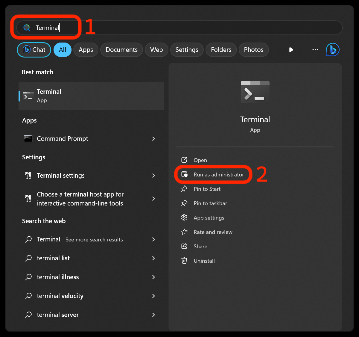 Terminal found using a search in the Start menu. The Run as administrator option is highlighted.