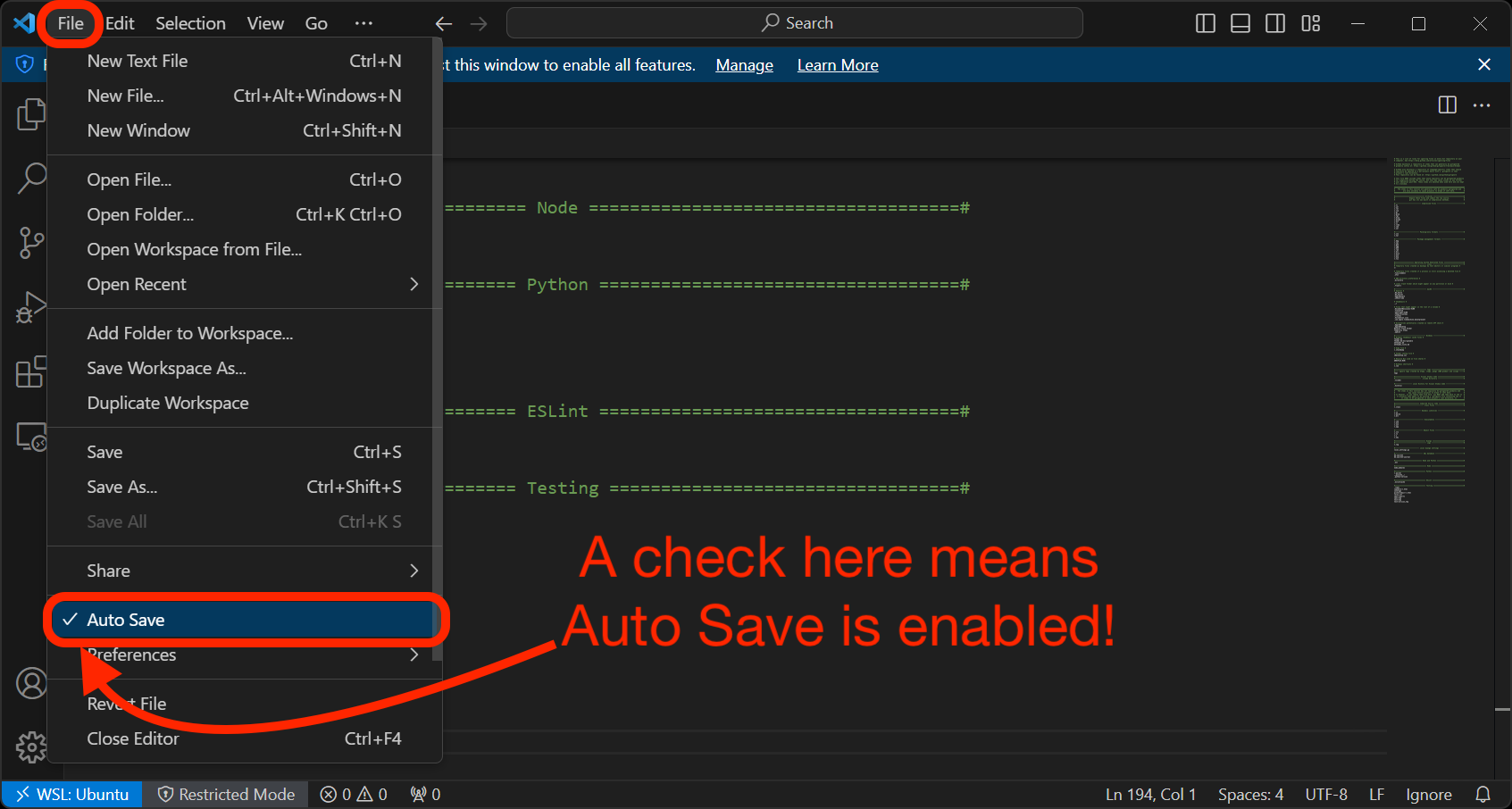 Auto Save checked in the File menu, indicating that Auto Save is enabled.