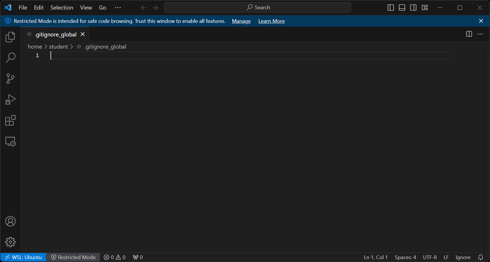 The new .gitignore_global file open in VS Code.
