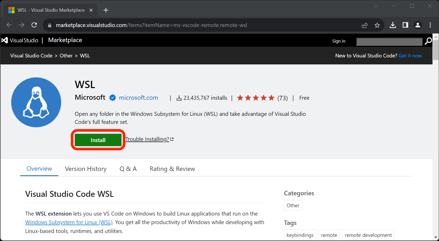 The page for the WSL extension in the VS Code Extension Marketplace shown in the Chrome browser.