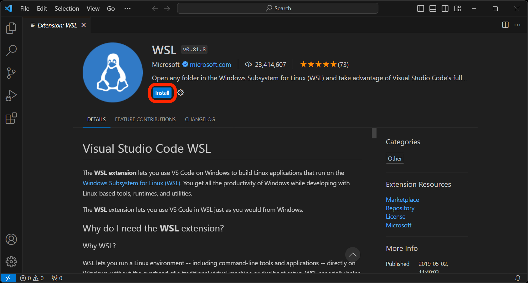 The page for the WSL extension in the VS Code Extension Marketplace.