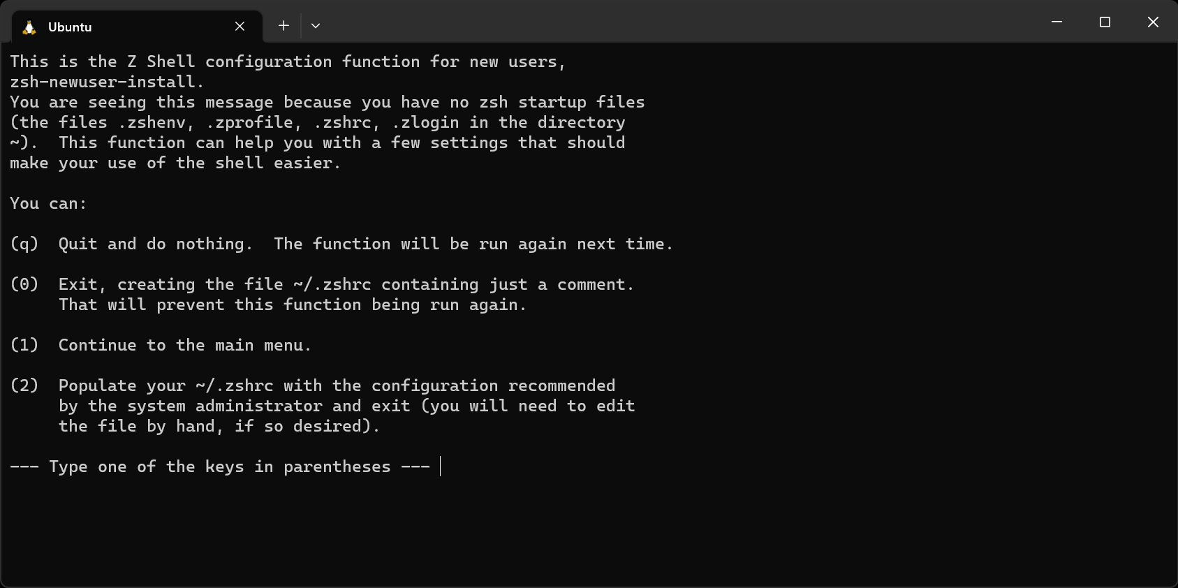 Terminal after launching Zsh for the first time.