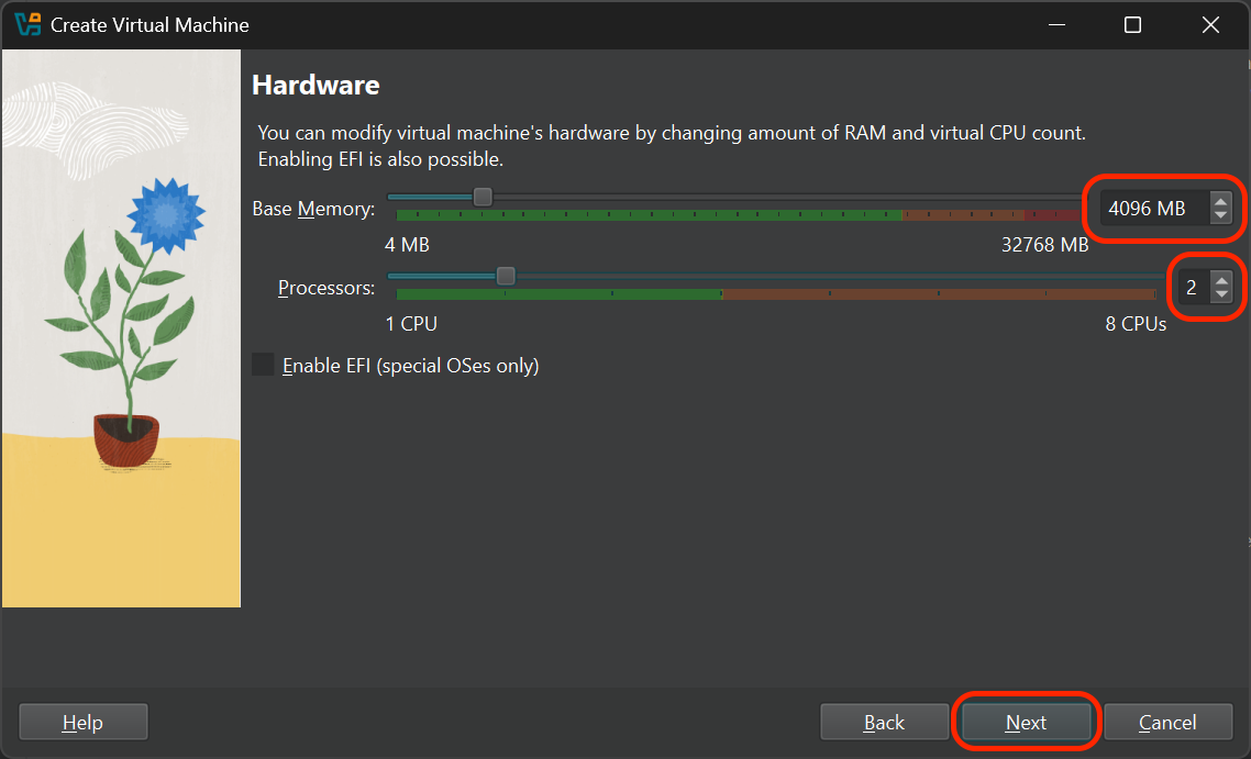 The Create Virtual Machine screen. The Memory size and Number of processors fields are outlined in red.