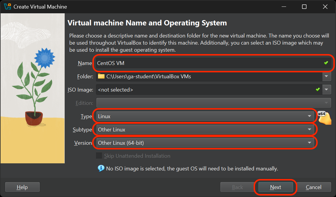 The Create Virtual Machine screen. The Name, Type, and Version fields are outlined in red.