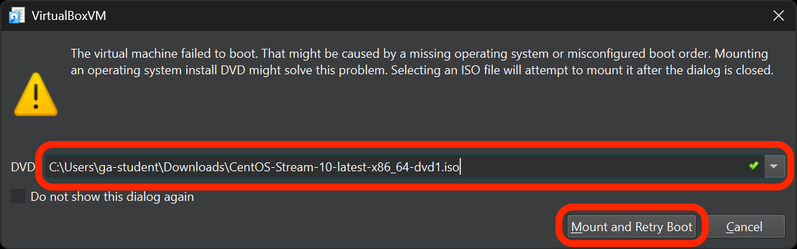 Choose an ISO and then select the Mount and Retry Boot button is outlined in red.