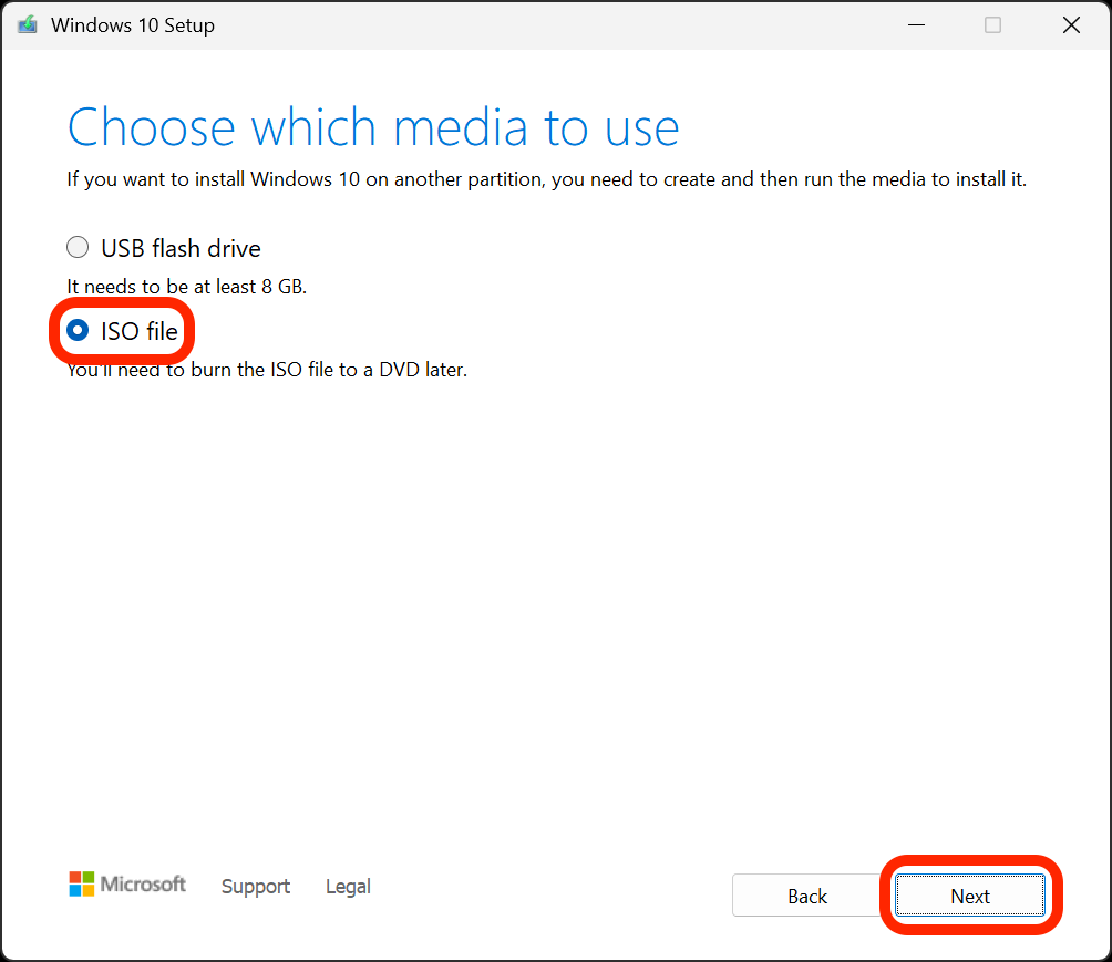 In the Windows 10 Setup app's Choose which media to use screen, the ISO file option and Next button are outlined in red.
