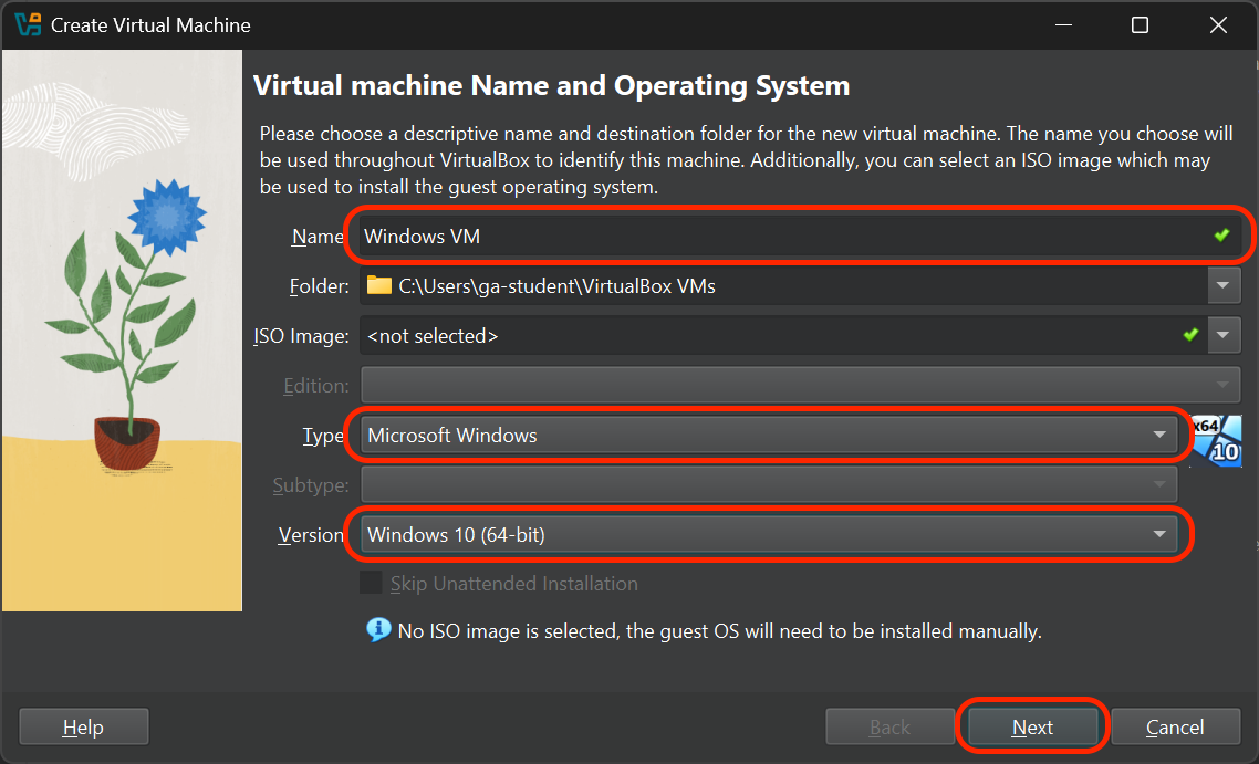 The Create Virtual Machine screen. The Name, Type, and Version fields are outlined in red.