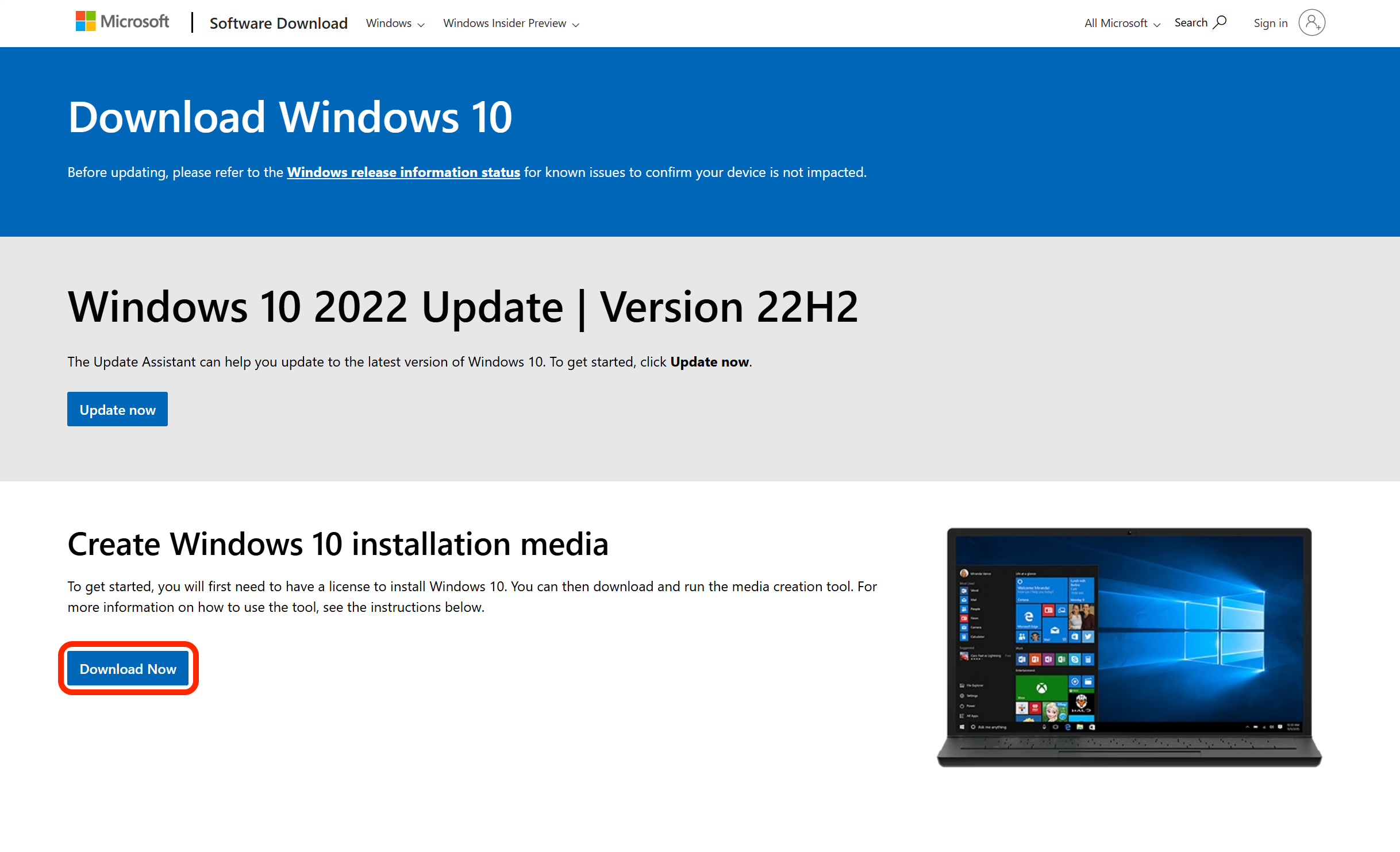 The Windows 10 download page. The Download Now button is outlined in red.