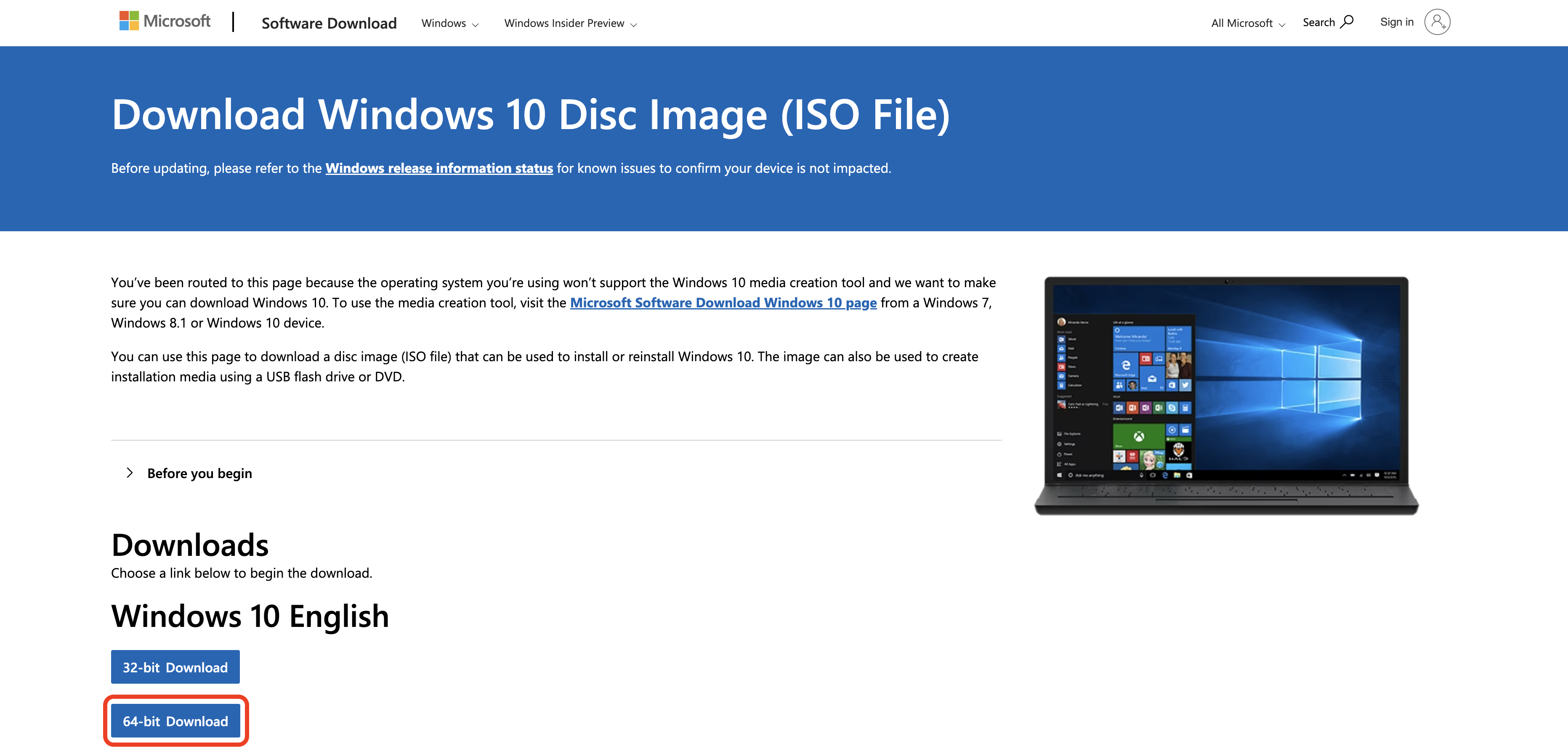 The Windows 10 download page. The 64-bit Download button is outlined in red.