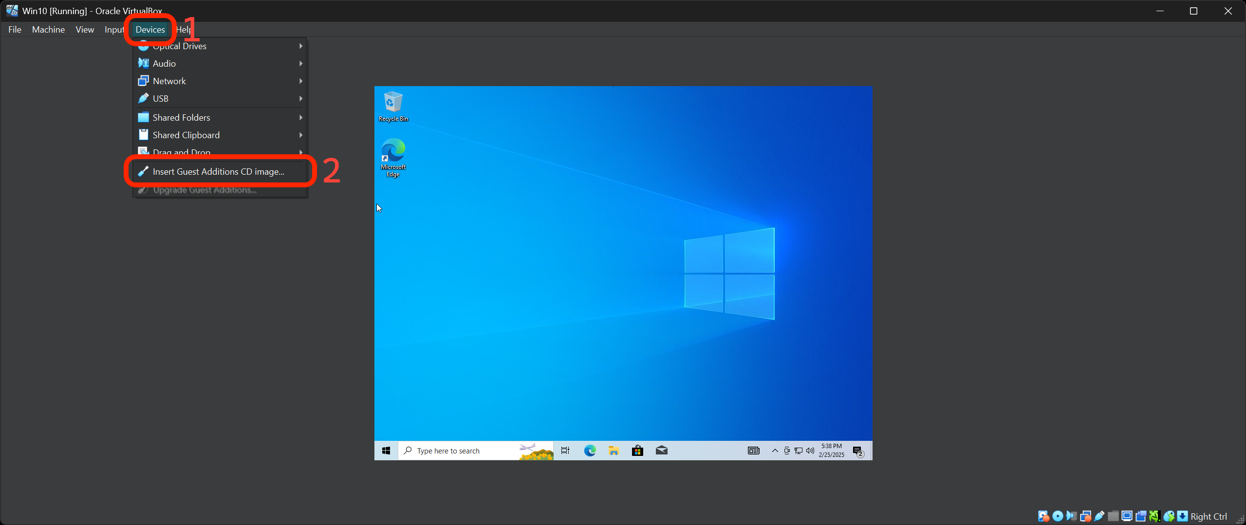 Inserting the guest additions CD image option in the Devices menu.