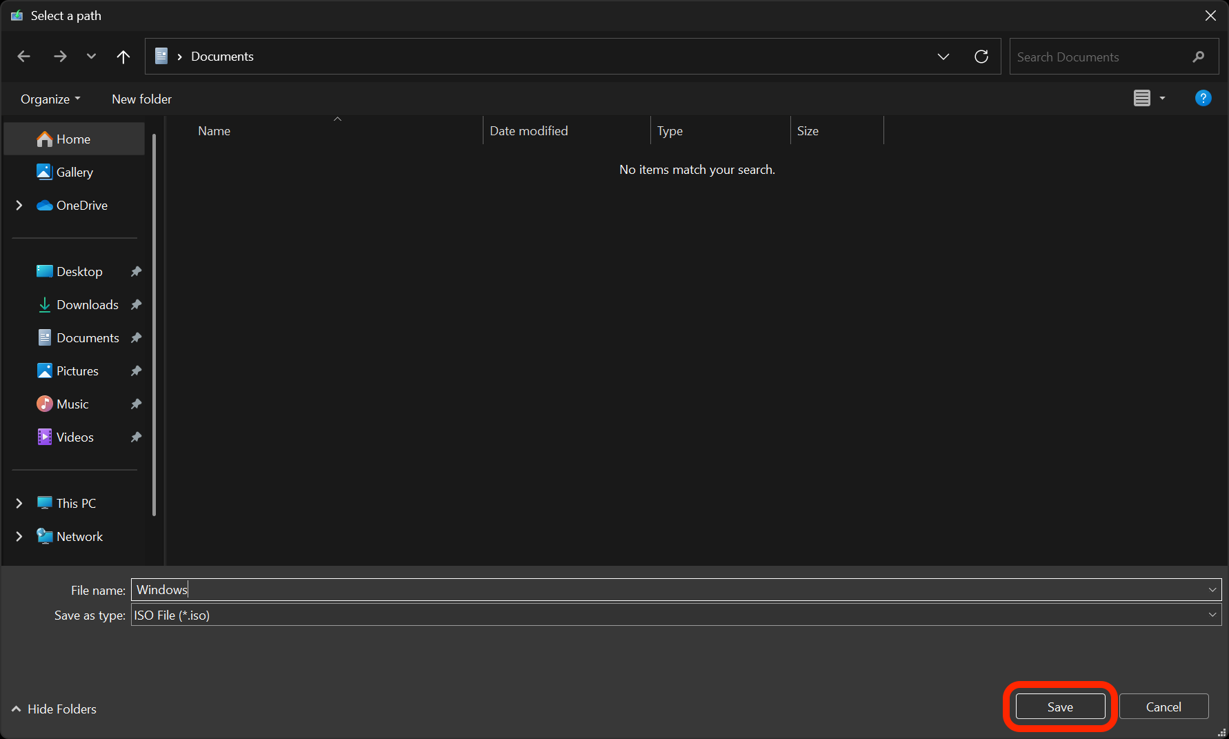 In the Windows 10 Setup app's Save As dialog, the Save button is outlined in red.