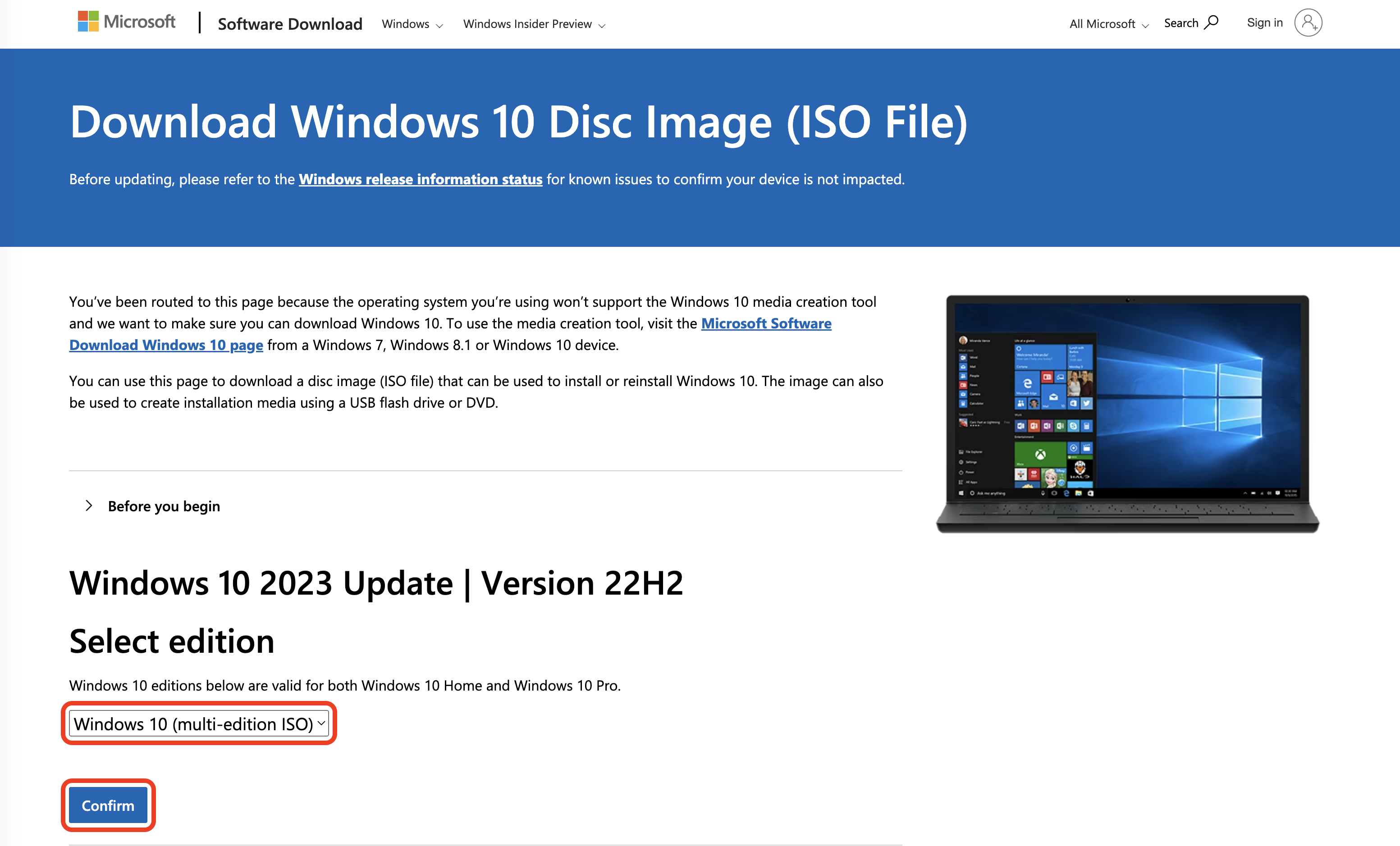 The Windows 10 download page. The Select edition dropdown and Confirm button are outlined in red.