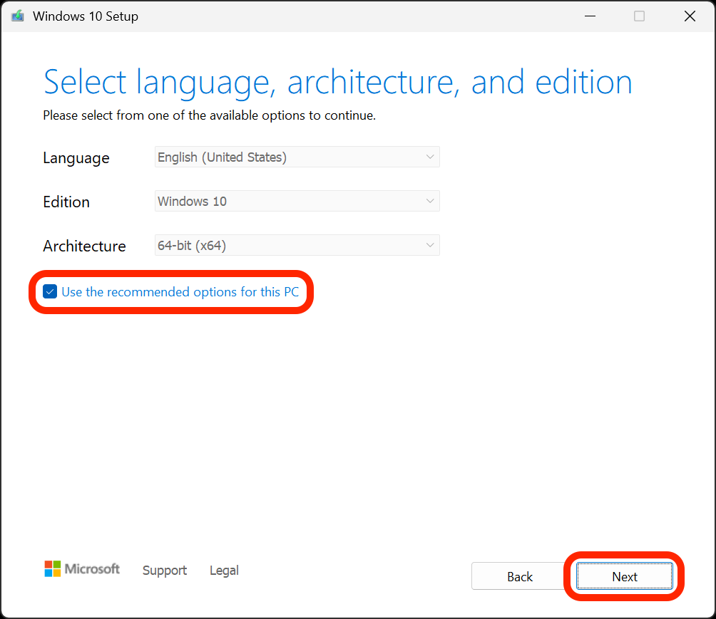In the Windows 10 Setup app's Select language, architecture, and edition screen, the Use the recommended options for this PC checkbox and Next button are outlined in red.