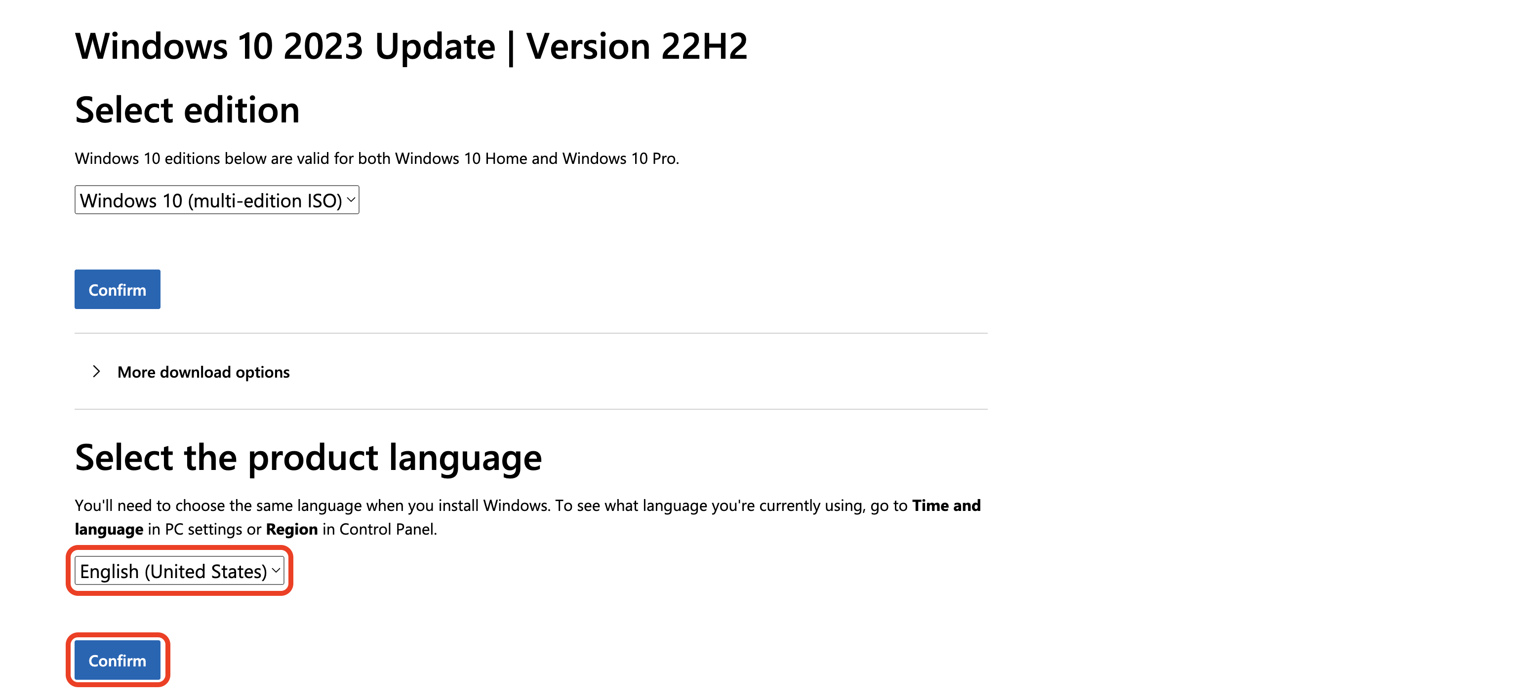 The Windows 10 download page. The Select product language dropdown and Confirm button are outlined in red.