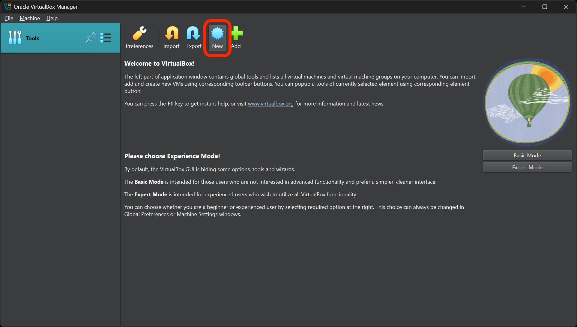 The VirtualBox Manager. The New button is outlined in red.