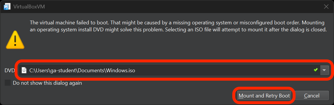 Choose an ISO and then select the Mount and Retry Boot button is outlined in red.