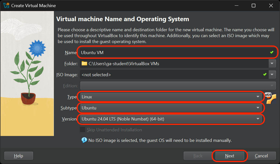 The Create Virtual Machine screen. The Name, Type, and Version fields are outlined in red.