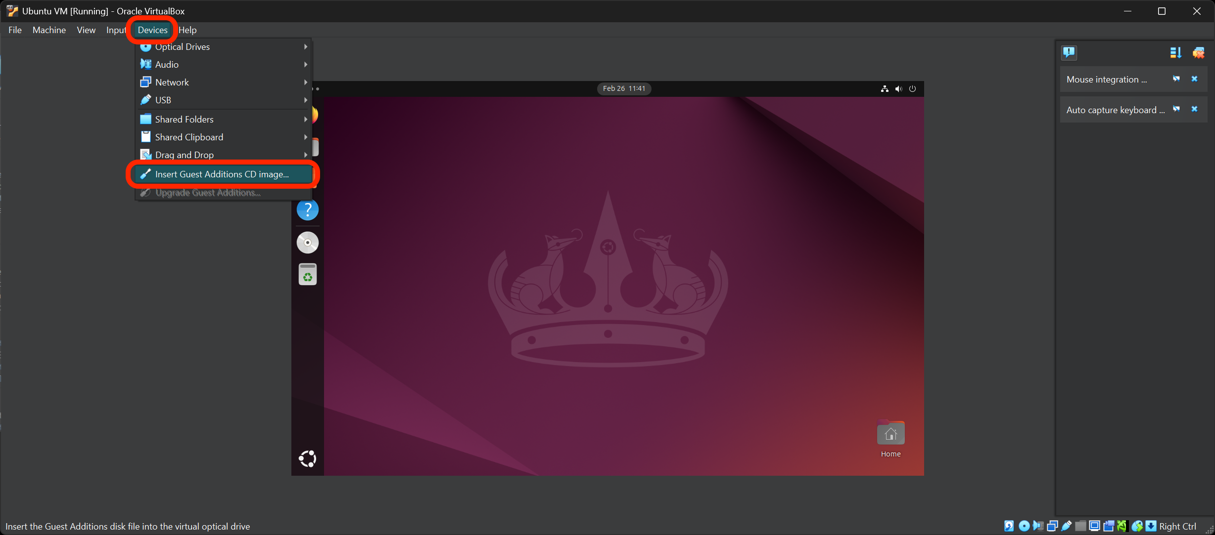Inserting the guest additions CD image option in the Devices menu.