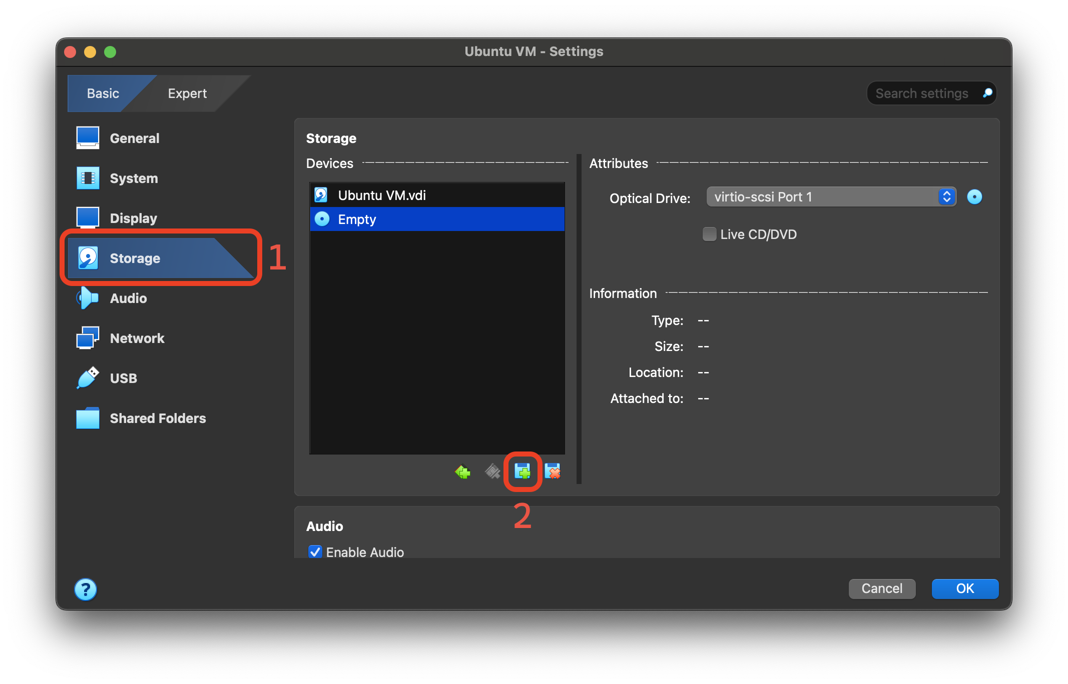 The Storage tab in the VM settings. The Storage and Add Attachment buttons are outlined in red.