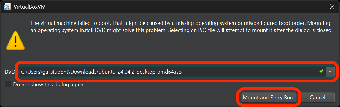 Choose an ISO and then select the Mount and Retry Boot button is outlined in red.