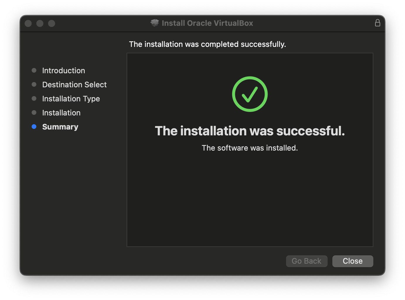 The installation was successful message.