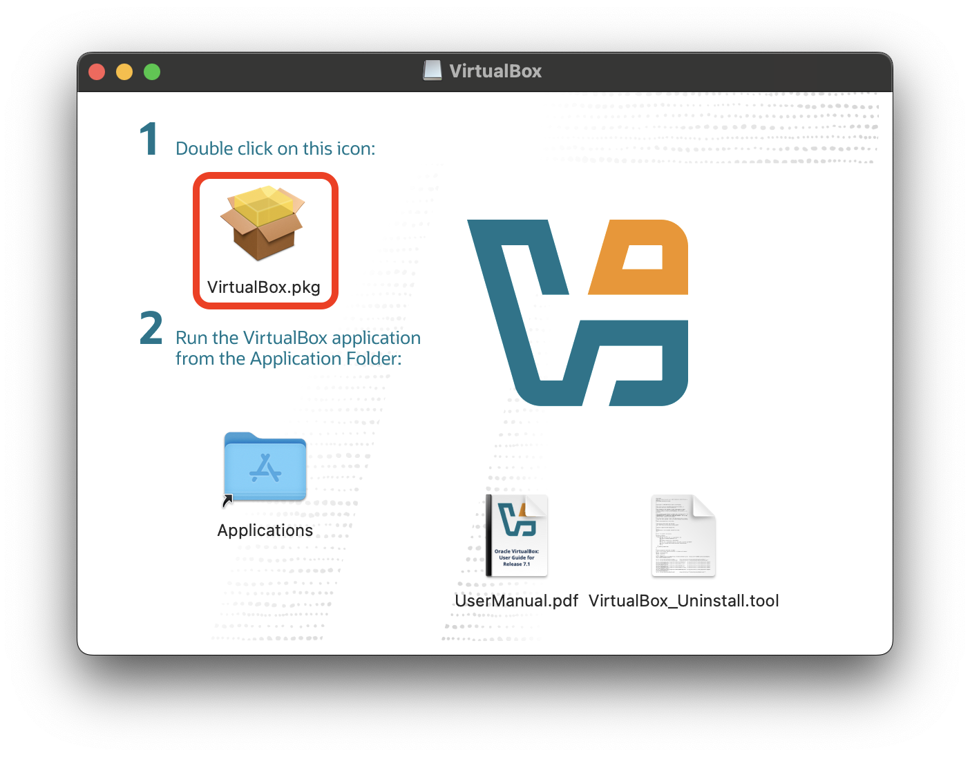 The VirtualBox .dmg file mounted, the VirtualBox.pkg file is outlined in red.