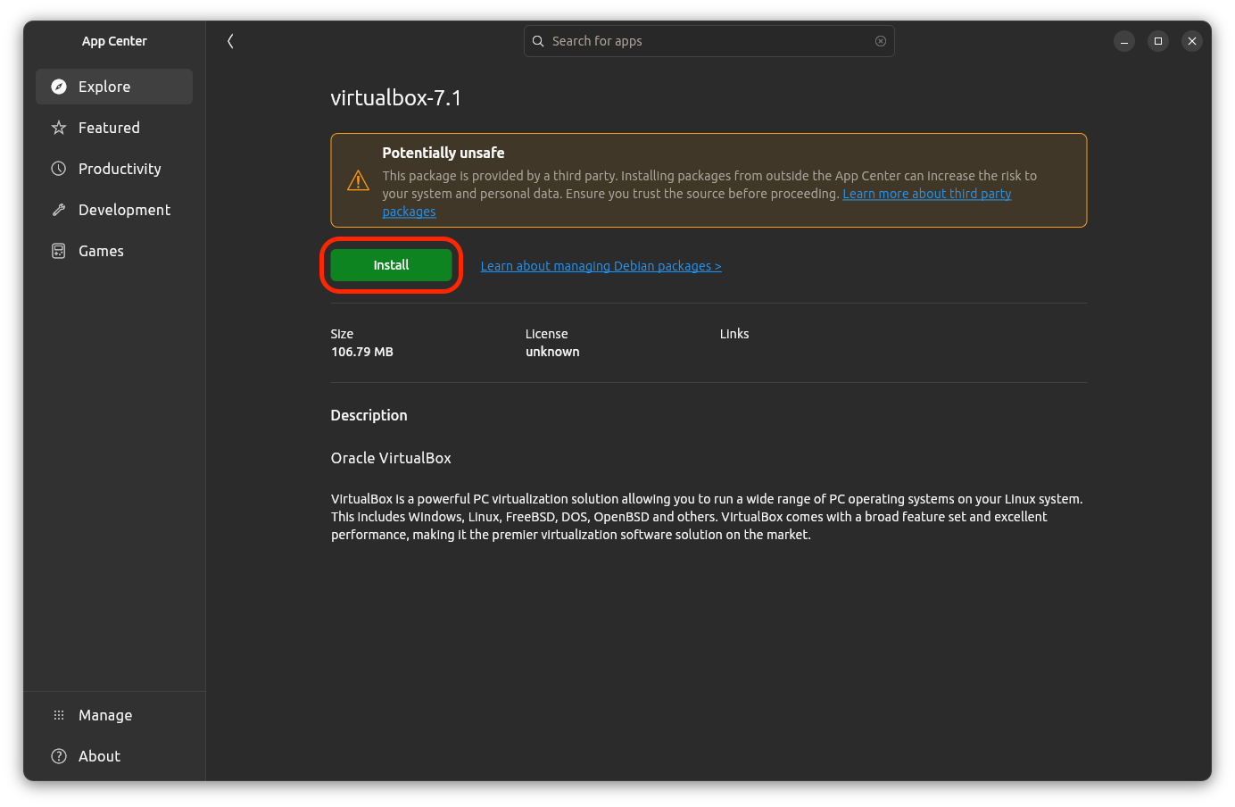 The VirtualBox .deb file open in App Center. The Install button is outlined in red.